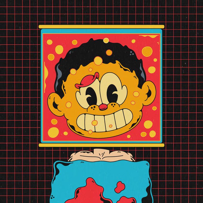The image shows a stylized cartoon illustration of a character's head with curly black hair and a wide, toothy grin, framed within a teal border against a red background with yellow dots. Below the frame, the character appears to be shirtless, revealing a blue torso with red splatters. The artwork relates to the post as a "Dexter" themed reveal from @waxy_ville's collection, likely a trading card or NFT featuring this expressive, pop-art style character design.
