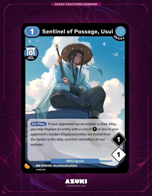 A trading card titled "Sentinel of Passage, Usui" from the Azuki TCG - Fractured Domains set features an anime-style swordsman in blue robes and a wide-brimmed hat seated beneath a bright sky, with a cost of 1 and stats of 1/1. The card's "On Play" ability allows the player to displace an opponent's entity if their Alley is empty, fitting the post's teasing of a "Sentinel. Melon. Bandit." theme for the November 20 release of set AZK-02.