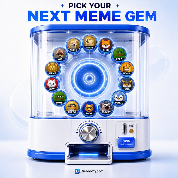 A 'PICK YOUR NEXT MEME GEM' promotional image styled as a gumball machine featuring various meme coins including NEIRO, DOGE, SHIB, PEPE, BONK, FLOKI, MEW, BOME, TURBO, MOG, POPCAT, PENGU, MEME, and WIF, with Biconomy.com branding.