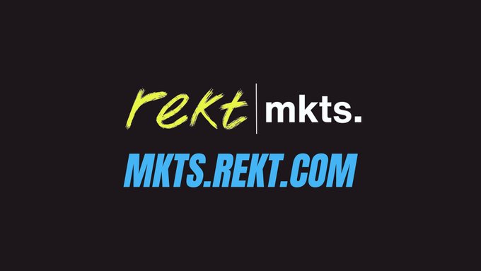 The image displays a black background featuring the logo "rekt|mkts." in yellow and white text, with "MKTS.REKT.COM" displayed below in blue. It serves as a promotional graphic for the Rekt brand's expansion into consumer packaged goods (CPG), including flavoured sparkling water and energy drinks, while directing viewers to their website.