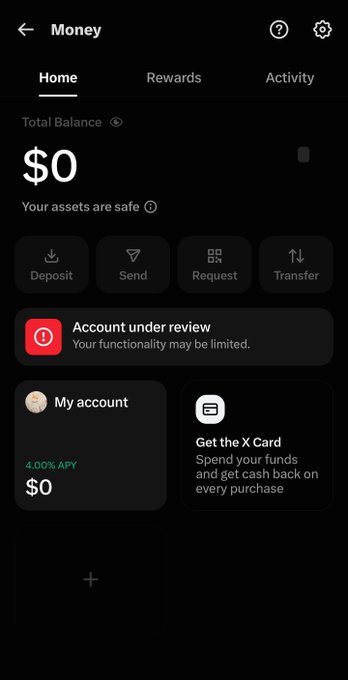 A mobile app screen titled 'Money' showing a $0 total balance, options for Deposit, Send, Request, and Transfer, with a notification that the account is under review.