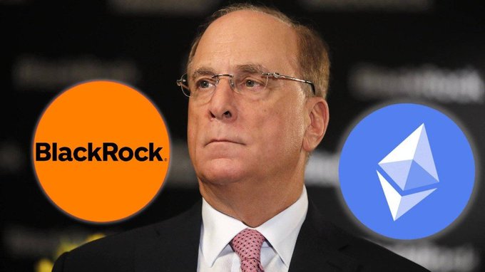 The image shows a man in a suit and glasses, flanked by the BlackRock logo on the left and the Ethereum (ETH) logo on the right, visually representing BlackRock's reported $16.24 million purchase of Ethereum as referenced in the accompanying post.
