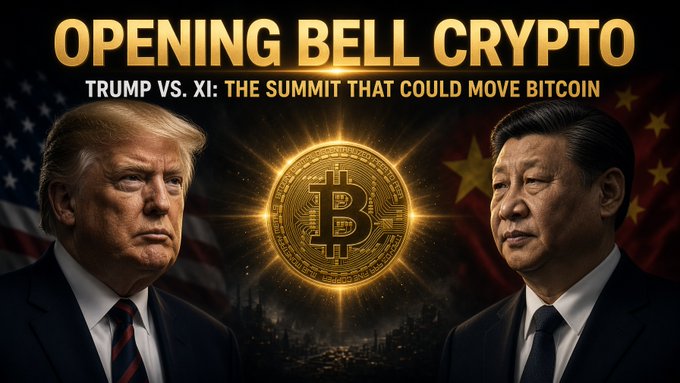 “Opening Bell Crypto” features Donald Trump and Xi Jinping facing off beside a glowing Bitcoin, with text reading “Trump vs. Xi: The Summit That Could Move Bitcoin,” matching the post about a Trump-Xi summit and Bitcoin holding near $86K.
