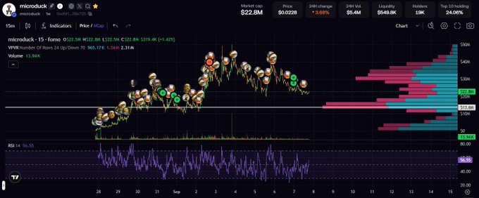 A TradingView chart for the memecoin microduck ($MICRODUCK) on Solana shows the price consolidating near a $22.8M market cap support floor, with technical indicators suggesting it is "resting at the floor" before a potential breakout—aligning with the post's bullish thesis on the coin's memeability.
