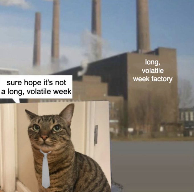 A cat wearing a tie says "sure hope it's not a long, volatile week" next to a "long, volatile week factory" smoking into the sky, humorously personifying the post's concerns about the market turbulence from FOMC week, AI-related sell-offs, oil above $100, and a strengthening DXY crushing gold and silver.