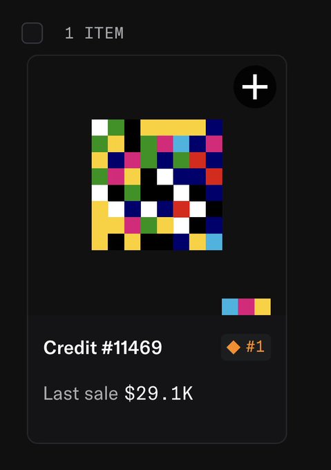 The image shows an NFT listing for "Credit #11469" with a last sale of $29.1K, visually confirming the post's claim of a massive price increase on a Jack Butcher piece. The colorful pixelated artwork represents the generative Checks (Credit) collection, illustrating the dramatic return from the $8 mint price to its current value.