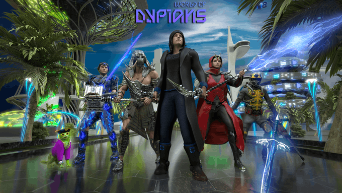 A vibrant promotional image for 'WORLD OF DYPIANS' featuring a group of five characters, including one resembling Wolverine, holding glowing weapons in a futuristic city setting.