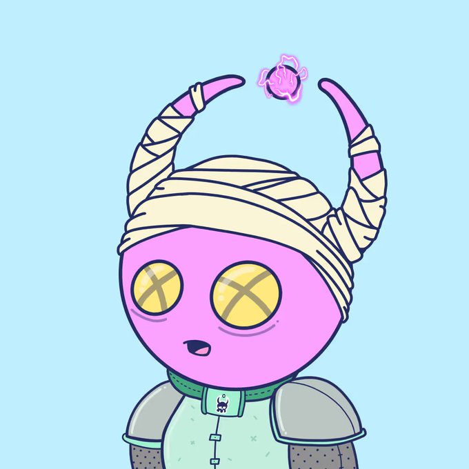A cartoon illustration depicts a pink character with bandaged horns, X-shaped yellow eyes, and medieval-style armor against a light blue background.