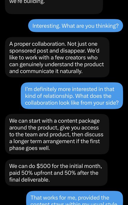 A text message conversation discussing a creator collaboration, proposing a content package around a product and offering $500 for the initial month with 50% paid upfront and 50% after delivery.