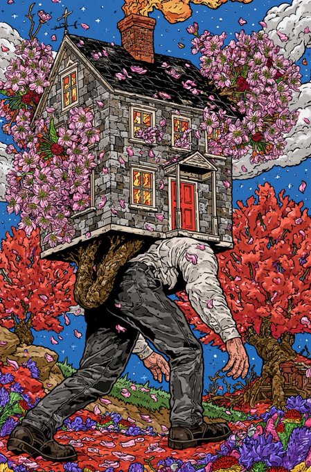 A surreal detailed illustration showing a man bent over carrying a stone house on his back, walking through a vibrant landscape filled with pink cherry blossoms, red trees, and purple flowers.