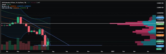 A TradingView chart of BONK (Bonk) on Binance shows the daily timeframe with key price levels at .0000013 (R3) and .0000066 (R4), displaying candlesticks, moving averages (MA50/MA200), EMA 20, and a volume profile with high concentration zones around .0000035-.0000041, supporting the post's claims about upcoming price targets and bottom formation.