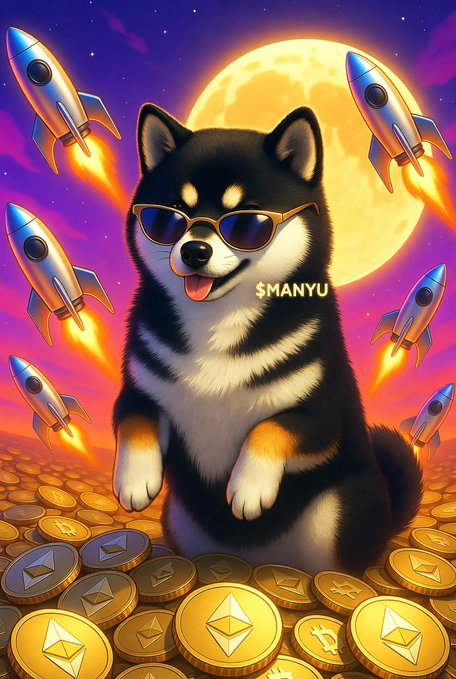 A Shiba Inu dog wearing sunglasses sits atop a pile of gold Ethereum coins, surrounded by launching rockets against a full moon background, with the text "$MANYU" displayed.