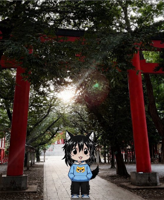 A chibi-style anime character with black wolf ears, a tail, and a blue hoodie featuring a Shiba Inu logo stands in front of a red torii gate path.