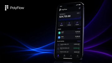 The image shows a PolyFlow app displayed on a smartphone, featuring a transaction history with a total balance of $24,735.90, including entries for USDC and recent payments like "Saul Kamp & Co LLC" for $1,083.46. The sleek interface with its dark theme and flowing purple/blue light graphics visually represents the seamless flow of digital payments. This relates to the post's discussion of payment routing and settlement by showcasing PolyFlow as a streamlined alternative that simplifies the multi-step traditional payment process involving various intermediaries.