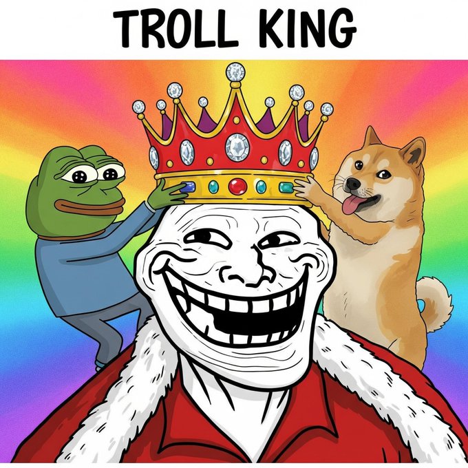 A colorful cartoon illustration titled 'TROLL KING' showing a grinning troll face wearing a jeweled crown and red robe, being crowned by a Pepe frog and a Shiba Inu dog against a rainbow background.