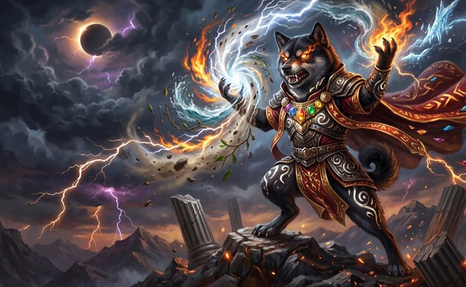 A fantasy digital artwork depicting an anthropomorphic wolf warrior in ornate armor wielding fire and water magic, standing on rocky pillars with lightning and an eclipse in the stormy sky.