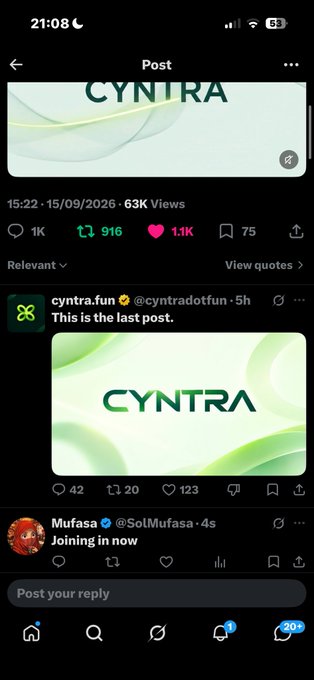 A Twitter/X post dated 15/09/2026 shows an engagement of 1K replies, 916 reposts, and 1.1K likes on a post, with replies from @cyntrafun reading 'This is the last post' and @SolMufasa saying 'Joining in now'.