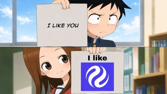 A two-panel anime meme: a male character holds a sign reading "I LIKE YOU," while a female character (Takagi from Karakai Jouzu no Takagi) holds a sign reading "I like" above the DAI (cryptocurrency) logo.