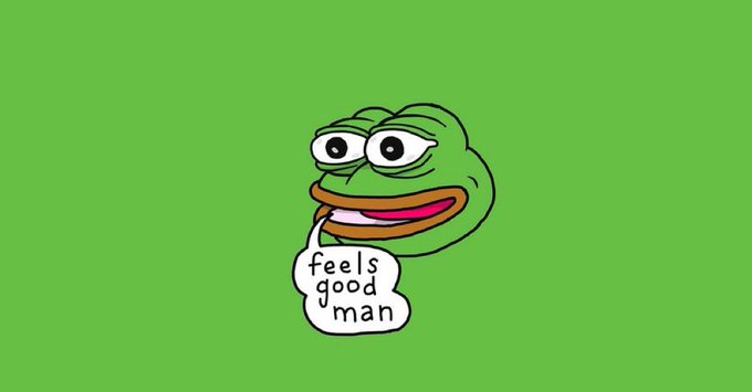 The classic 'Feels Good Man' Pepe the Frog meme illustration, showing the green cartoon frog smiling and giving a thumbs up against a green background.