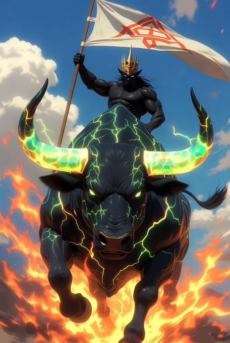 A fantasy illustration of a warrior with a crown riding a massive bull surrounded by flames, holding a white banner with a red geometric design.