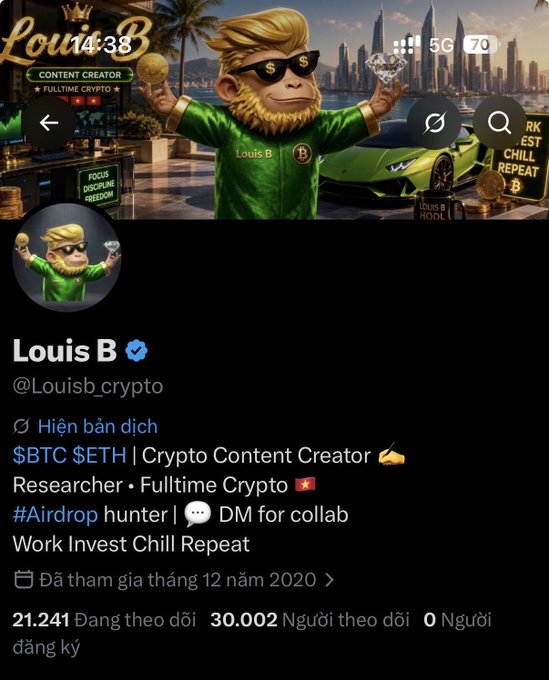 A Twitter/X profile for 'Louis B' (@Louisb_crypto) shows a verified Crypto Content Creator banner with monkey artwork holding a gold coin and diamond, with 21,241 followers and 30,002 following.