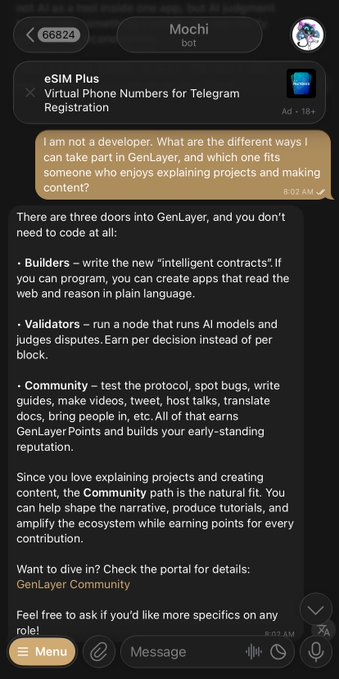 A Telegram chat with 'Mochi bot' explaining that there are three ways to participate in GenLayer without coding: Builders (writing 'intelligent contracts'), Validators (running a node to judge disputes), and Community (creating content, guides, and tutorials).