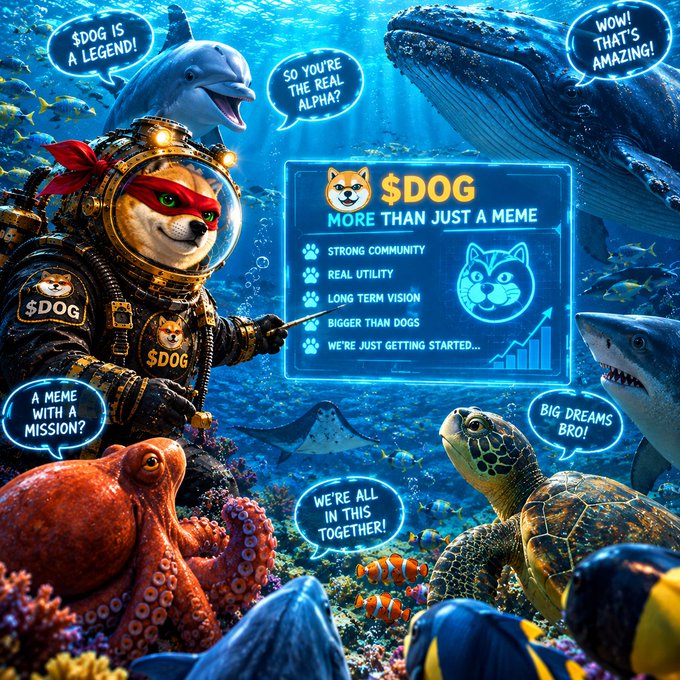 A vibrant underwater scene featuring a Shiba Inu dog in a diving suit presenting a "$DOG" presentation board with bullet points like "STRONG COMMUNITY" and "REAL UTILITY," surrounded by various sea creatures including a dolphin, whale, shark, turtle, and octopus with speech bubbles praising $DOG.