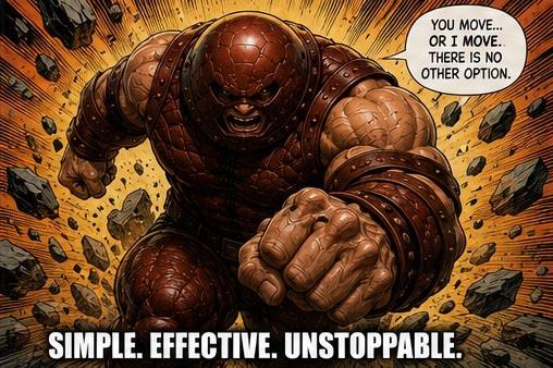 This image depicts the Marvel character Juggernaut, with the text "YOU MOVE... OR I MOVE... THERE IS NO OTHER OPTION." and "SIMPLE. EFFECTIVE. UNSTOPPABLE.", mirroring the unstoppable nature of the $JUGGERNAUT crypto coin mentioned in the post.