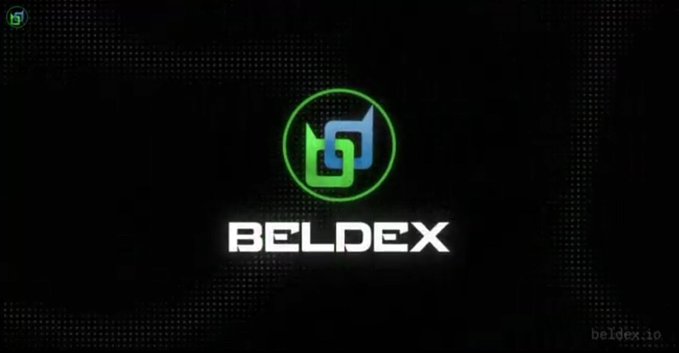 A dark promotional graphic for "BELDEX" cryptocurrency, featuring a green and blue interlocking geometric logo in a circle above the brand name, with the website "beldex.io" in the corner.