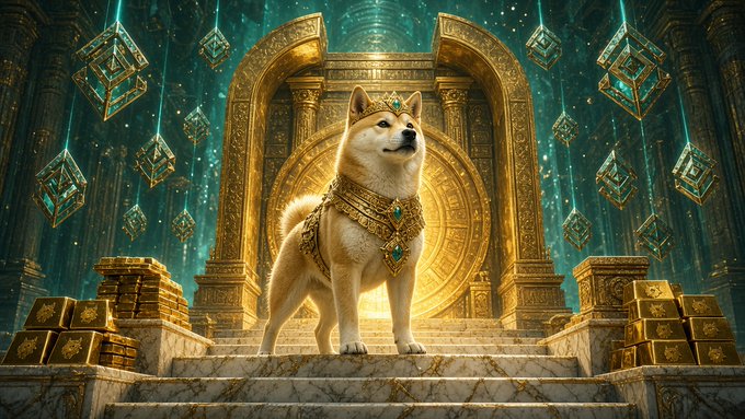 A Shiba Inu dog adorned with gold jewelry and a jeweled crown stands on marble steps within an ornate golden temple surrounded by hanging geometric crystals.