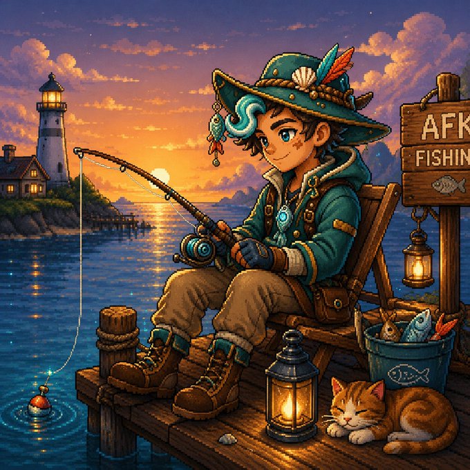 A pixel-art boy with teal hair and a feathered hat fishes from a sunset-lit dock beside a lighthouse, a sleeping cat, and a bucket of catches, with a sign reading "AFK FISHIN."

The cozy pixel-art scene of patiently waiting for a catch visually matches the laid-back idle loop of AFK Fishing, where lines are cast, hooked, and reels land fish on autopilot.