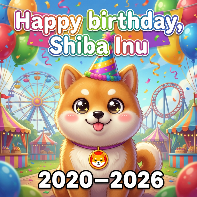 A colorful birthday-themed illustration of a cartoon Shiba Inu dog wearing a party hat and a Shiba Inu medallion, with text reading 'Happy birthday, Shiba Inu' and '2020-2026' set against a carnival background.