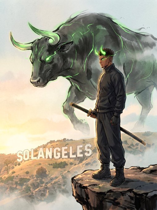 An illustration shows a young man with glowing green eyes and horns standing on a cliff holding a katana, with a large, spectral bull with glowing green accents behind him, and the text 'SOL ANGELES' to the left.