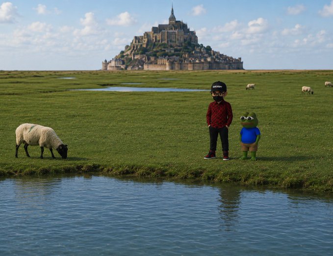 A young boy in a red plaid shirt and black cap standing next to a costumed frog character on a grassy plain with grazing sheep, with Mont Saint-Michel abbey visible in the background.