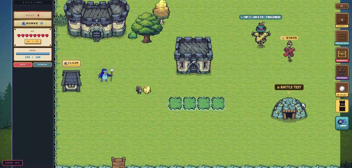 A pixel-art video game scene shows a hub area with a "BATTLE TEST" building, a "MY UNITS TRAINER" NPC, and a blue "RONKE" character with 16/16 HP and 100/100 MANA, inviting players to test the multiplayer PvP functionality of the Age of Ronke game.