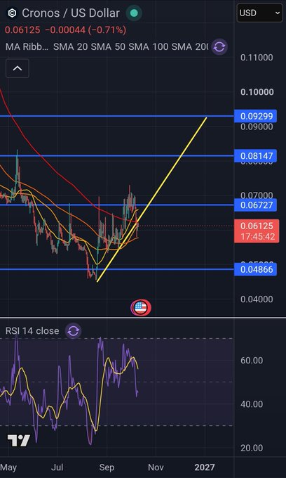 A TradingView chart of 'Cronos / US Dollar' shows the current price at 0.06125 (-0.71%) with moving averages (SMA 20, 50, 100, 200), horizontal resistance levels at 0.06727, 0.08147, and 0.09299, support at 0.04866, and an RSI 14 indicator below.