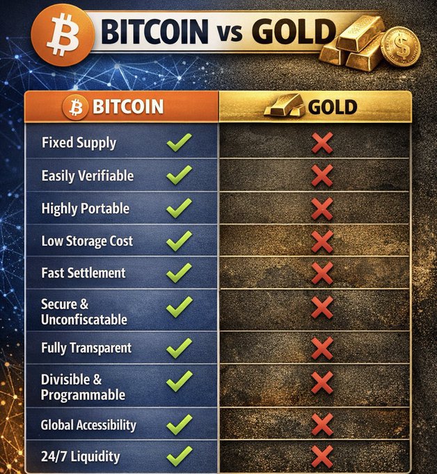 An infographic comparing Bitcoin and Gold across various attributes such as 'Fixed Supply,' 'Easily Verifiable,' and 'Highly Portable,' showing checkmarks for Bitcoin and X marks for Gold.