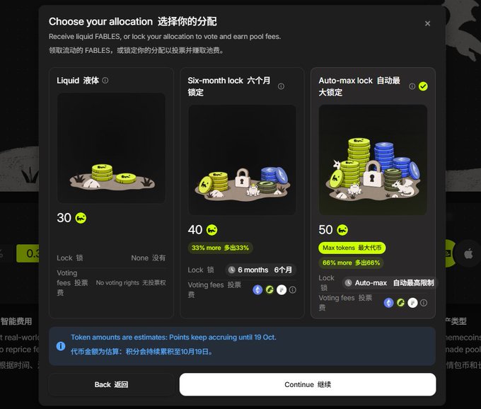 A digital interface titled 'Choose your allocation / 选择你的分配' showing three options: Liquid (30 FABLES), Six-month lock (40 FABLES), and Auto-max lock (50 FABLES, marked with a green checkmark).
