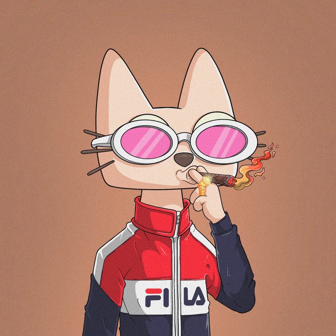 An illustration of a cartoon cat wearing pink sunglasses and a red, white, and blue Fila tracksuit, smoking a cigar.