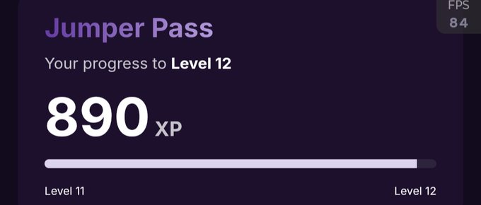 A progress screen displays "Jumper Pass" showing "890 XP" toward "Level 12" with an "FPS 84" indicator in the corner.
