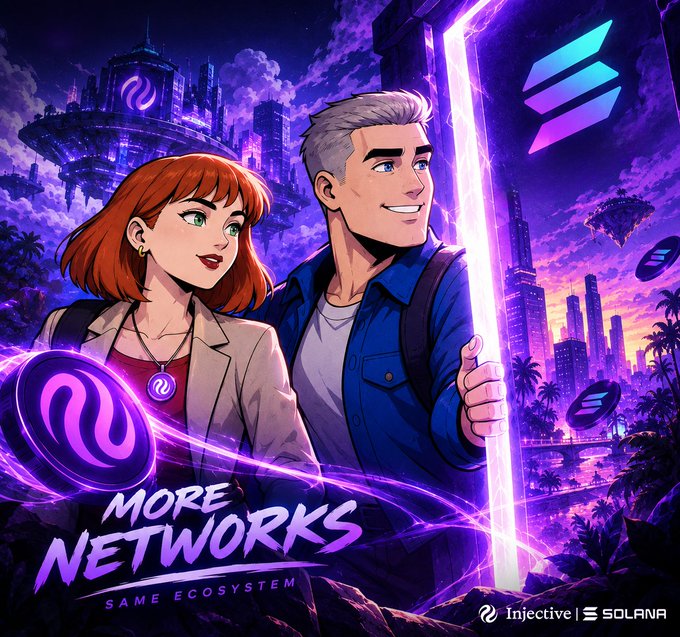 A promotional graphic for Injective and Solana titled 'MORE NETWORKS, SAME ECOSYSTEM' featuring illustrated characters in a futuristic purple cityscape setting.