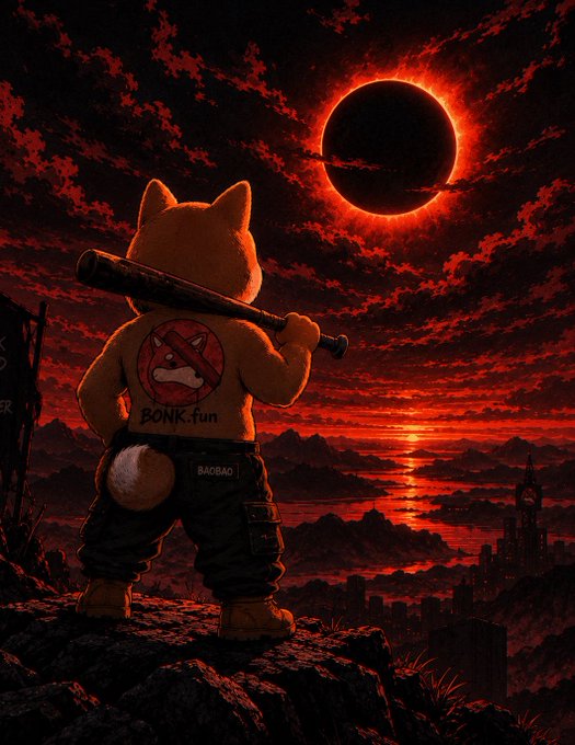 An anthropomorphic fox character wearing a "BONK.fun" hoodie and "BAOBAO" pants stands on a cliff holding a baseball bat, silhouetted against a dramatic blood-red solar eclipse and a darkening cityscape—capturing the "born to BONK" meme with its rebellious, apocalyptic swagger.