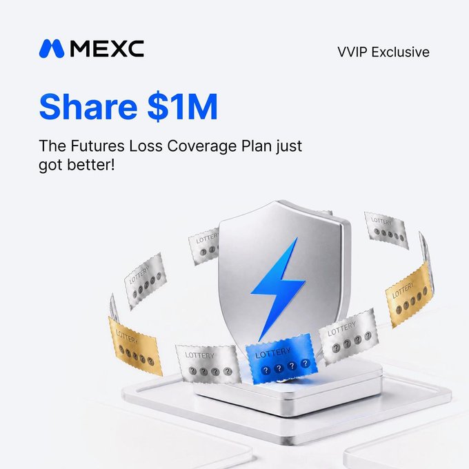 A MEXC promotional banner announcing "Share $1M" as a "VVIP Exclusive" for their upgraded Futures Loss Coverage Plan, featuring a silver shield with a blue lightning bolt surrounded by floating lottery tickets, visually reinforcing the campaign's theme of turning trading losses into reward opportunities.