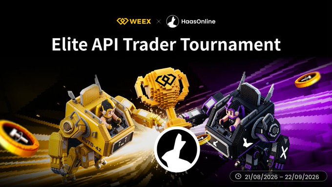 Promotional banner for the 'Elite API Trader Tournament' by WEEEX x HaasOnline, featuring two robot mechs with a trophy, running from 21/08/2026 to 22/09/2026.