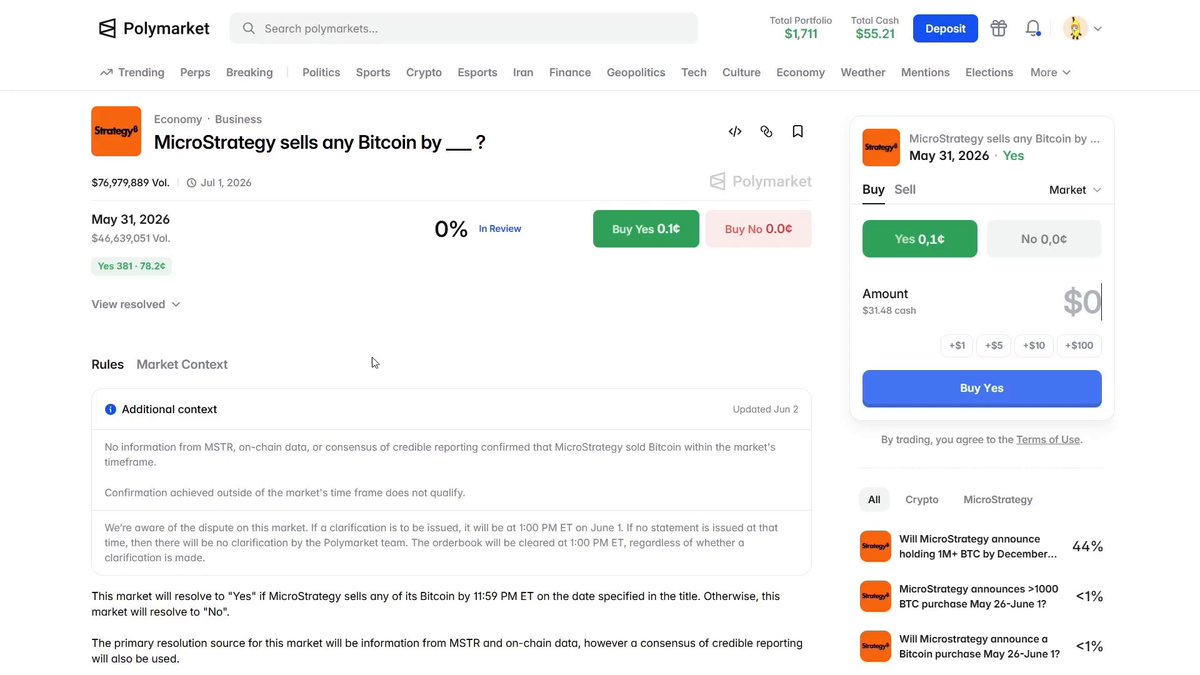 The image shows a screenshot of a computer screen displaying information about an online trading platform called PolyMarket, which sells Bitcoin by May 31st as part of its lessons for users who wish to learn more about trading. The website has been resolved due to a rule that was not initially there but is still available for future users. A post on the same platform mentions a lesson on how to trade Bitcoin with PolyMarket, and it also highlights some key points in the screenshot, such as "Pay $298 for an important lesson on trading".