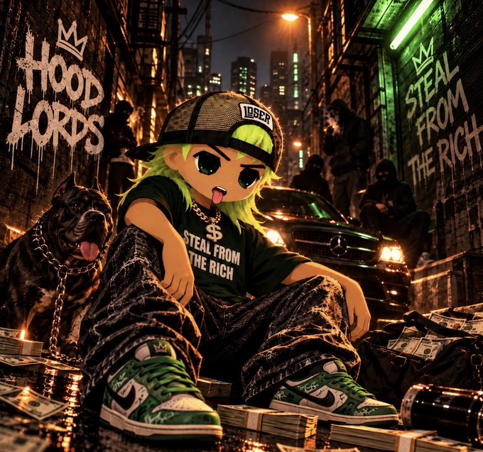 A chibi-style cartoon character with green hair, wearing a cap that says 'LOSER' and a shirt reading 'STEAL FROM THE RICH', sitting on a pile of money in an alley with a dog, graffiti walls reading 'HOOD LORDS' and 'STEAL FROM THE RICH', and a black Mercedes behind them.
