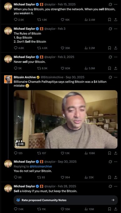 The image shows a series of Michael Saylor's X/Twitter posts promoting Bitcoin, including statements like "When you buy Bitcoin, you strengthen the network," "Never sell your Bitcoin," and "Sell a kidney if you must, but keep the Bitcoin," alongside a clip of Chamath Palihapitiya calling his Bitcoin sale a "$4 billion mistake."

The collection of hyperbolic, unwavering pro-Bitcoin tweets supports the caption's claim that Saylor's recent social media persona appears radically different from a more measured version—suggesting either a dramatic personal transformation or, as the poster implies, that the account has been taken over or rebranded entirely.