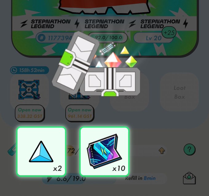 The image displays a "Stepathon Legend" event screen at Lv 20 with a +25 bonus, featuring a reward pop-up that grants 2 blue triangles and 10 book items, alongside background buttons for opening chests costing 338.32 and 961.14 GST.