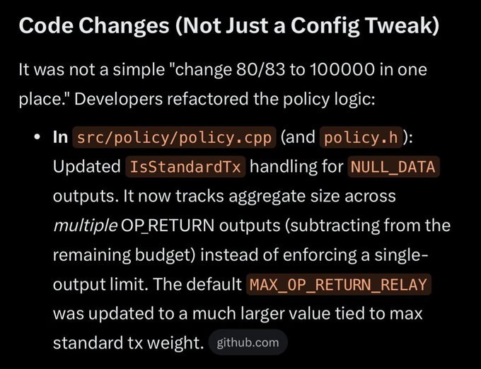 A screenshot explaining code changes to Bitcoin policy logic, specifically updates to IsStandardTx handling and MAX_OP_RETURN_RELAY settings, sourced from github.com.