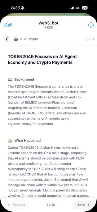 A mobile screenshot of a WeChat mini-program called 'Web3_bot' showing an article titled 'TOKEN2049 Focuses on AI Agent Economy and Crypto Payments.'
